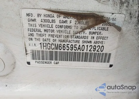 2005 Honda Accord 3.0 Ex from USA, damaged, VIN 1HGCM66595A012920